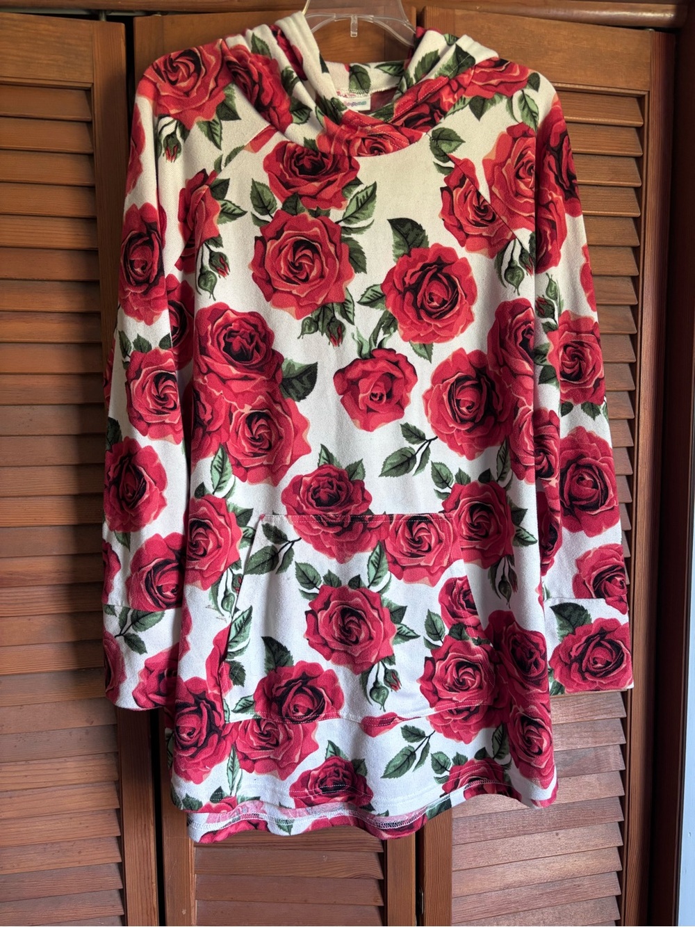 LuLaRoe White Hoodie Tunic with Red Rose Print